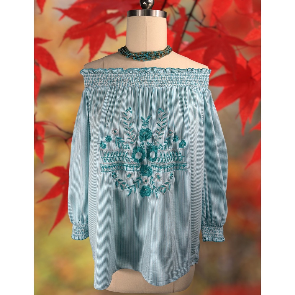 Grand & Greene 1X Cotton Blend Teal White Striped Embroidered Off Shoulder Top
